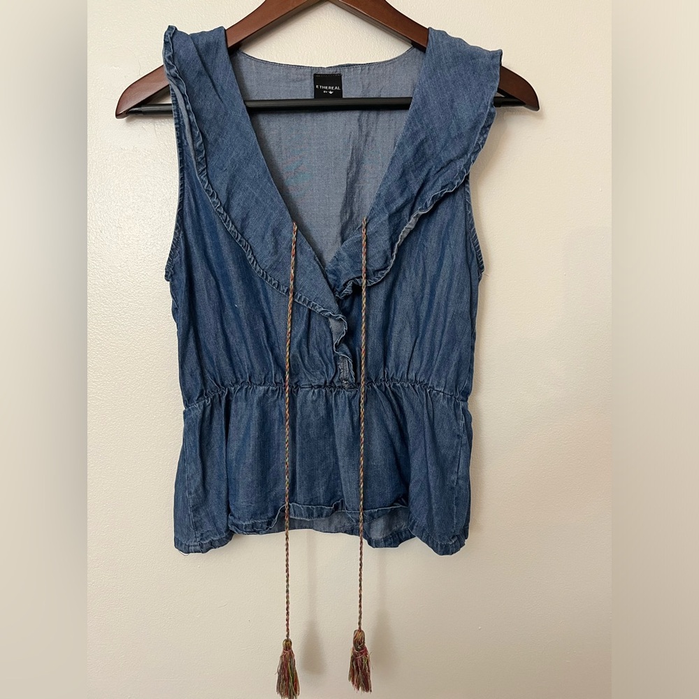 ETHEREAL Chambray Ruffle Sleeveless Top